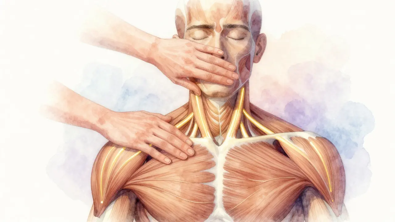 Stylizovaný náčrt tří klíčových bodů pro úlevu od migrény na krku a čele.