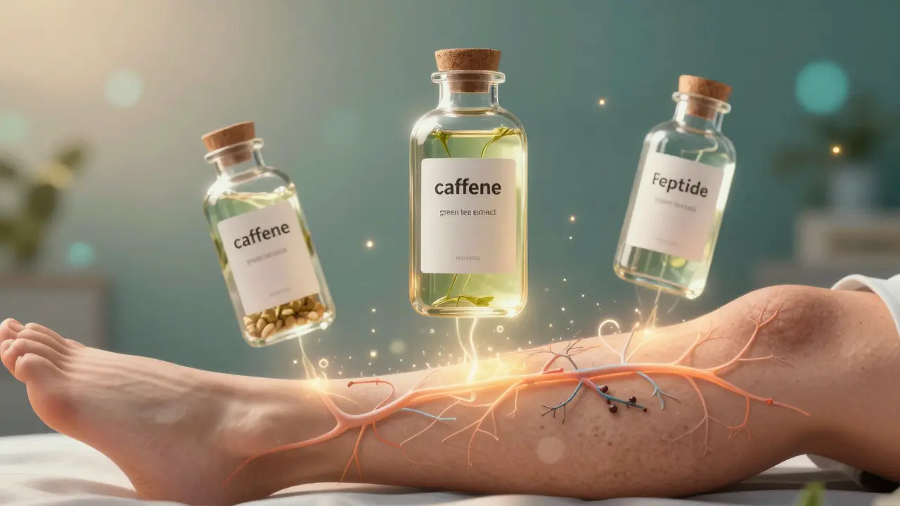 Tři látky s účinkem proti celulitidě — kofein, extrakt z zeleného čaje a peptidy — s cestami lymfy a krve.