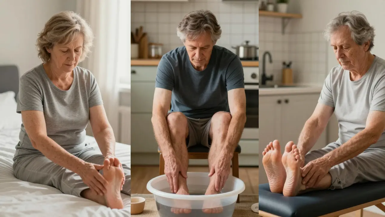 Tři lidé různého věku pravidelně provádějí reflexní masáž.