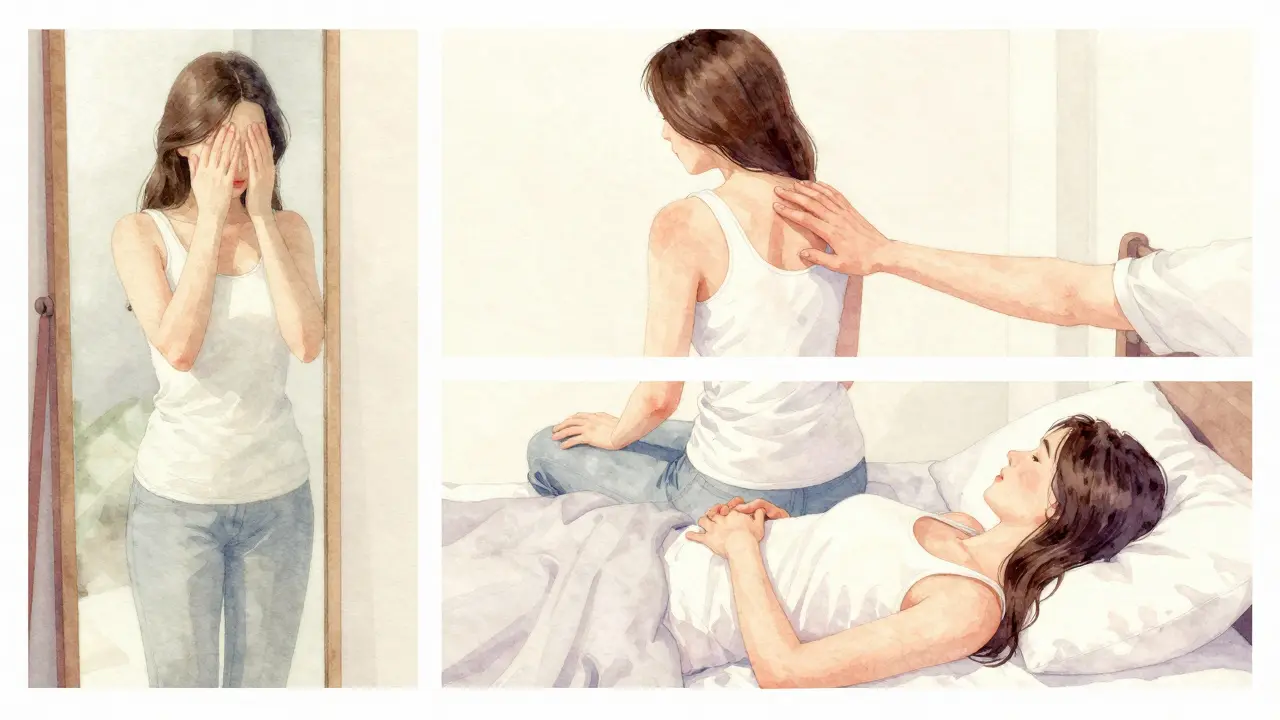 Tři scény ukazují postupné obnovování tělesné blízkosti mezi párem po porodu.