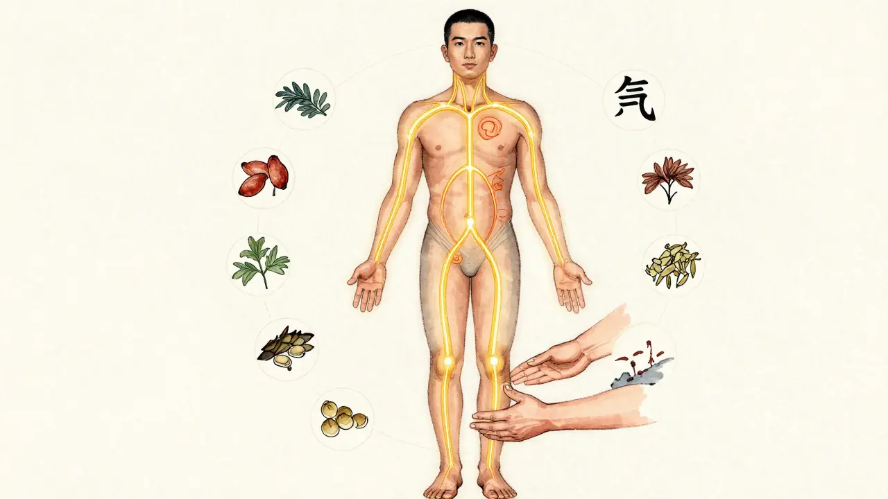 Abstraktní ilustrace lidského těla s vykreslenými energetickými meridiány spojujícími krk a nohy.