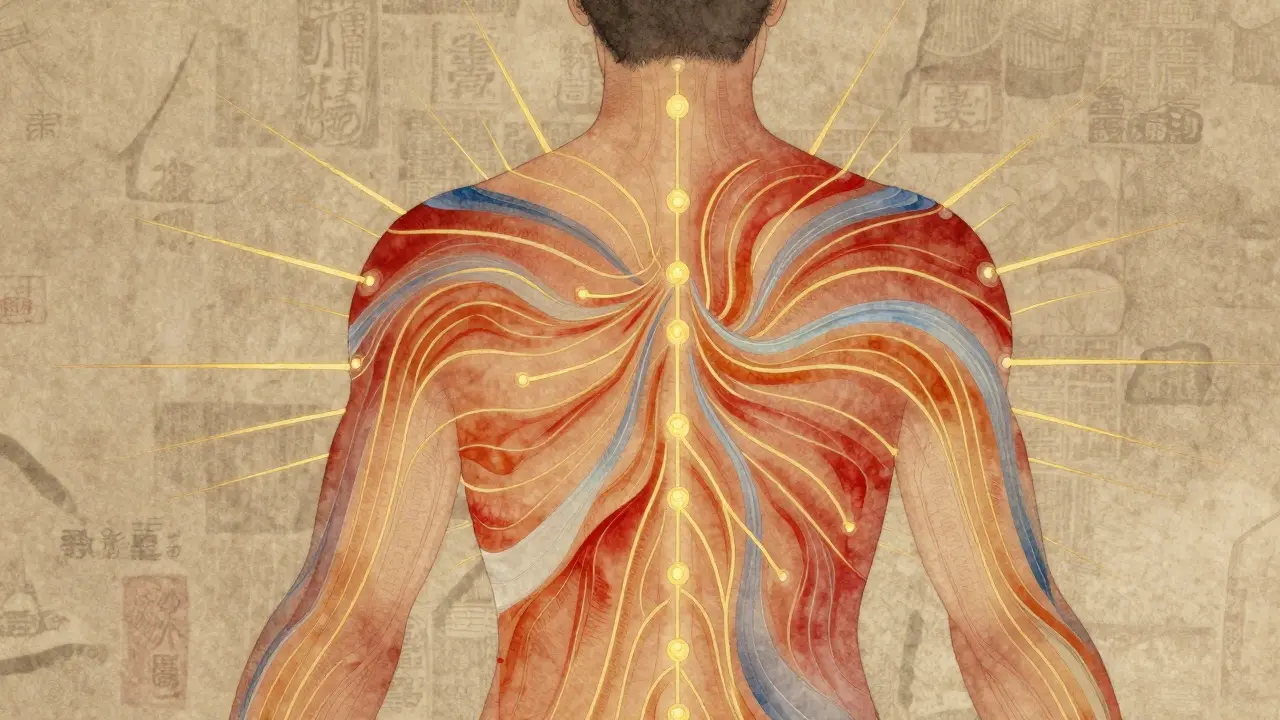 Abstraktní znázornění energetických toků chi a lymfy vystupujících z těla při baňkování.