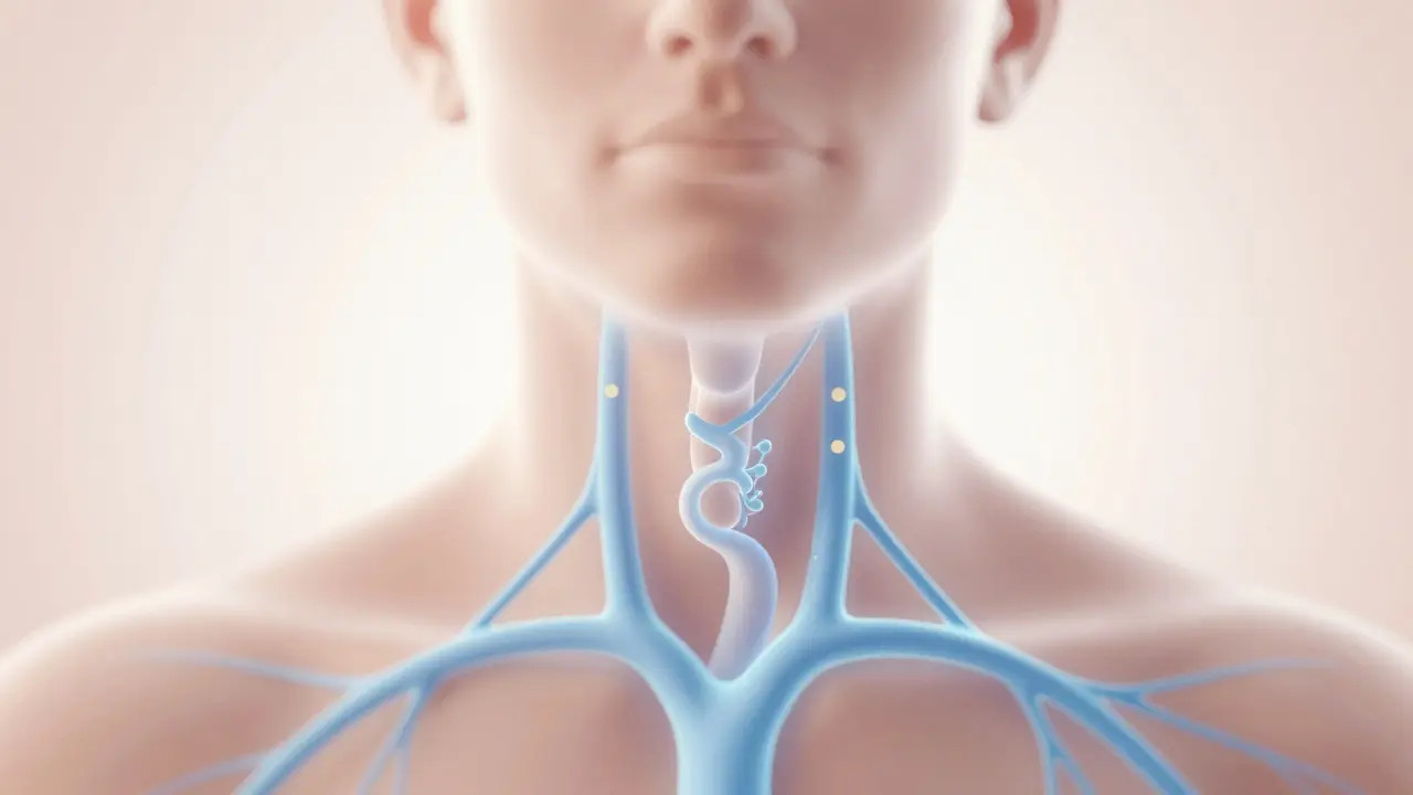 Ilustrace toku lymfy pod kůží obličeje směrem k uzlům pod klíční kostí.