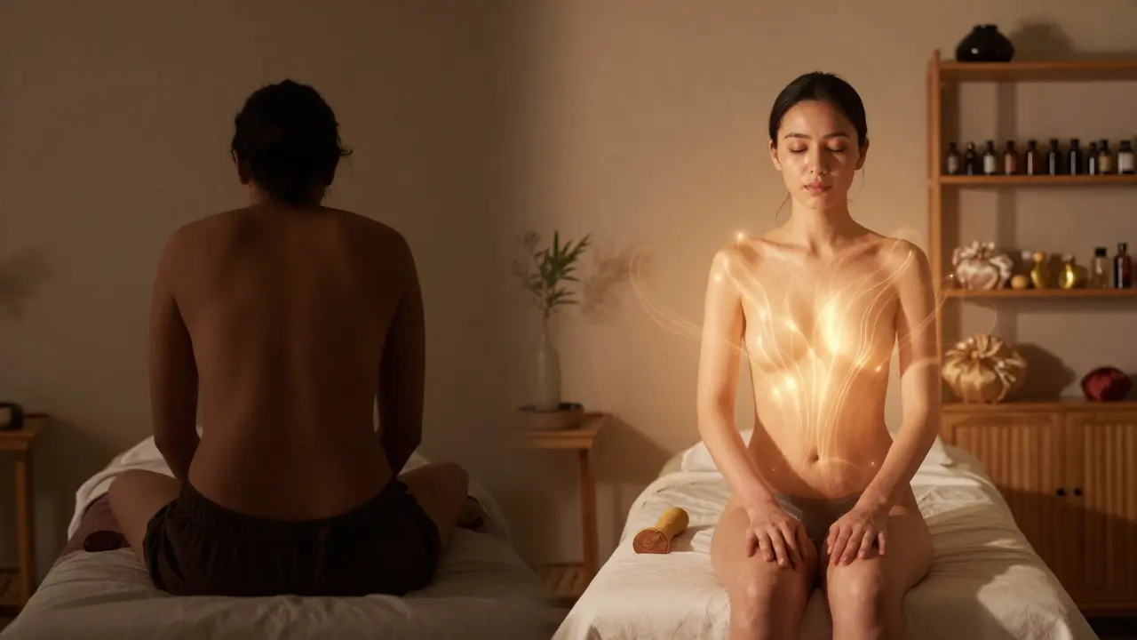 Kontrastní scéna: před a po čínské masáži, kdy se tělo přeměňuje z napětí do klidu.