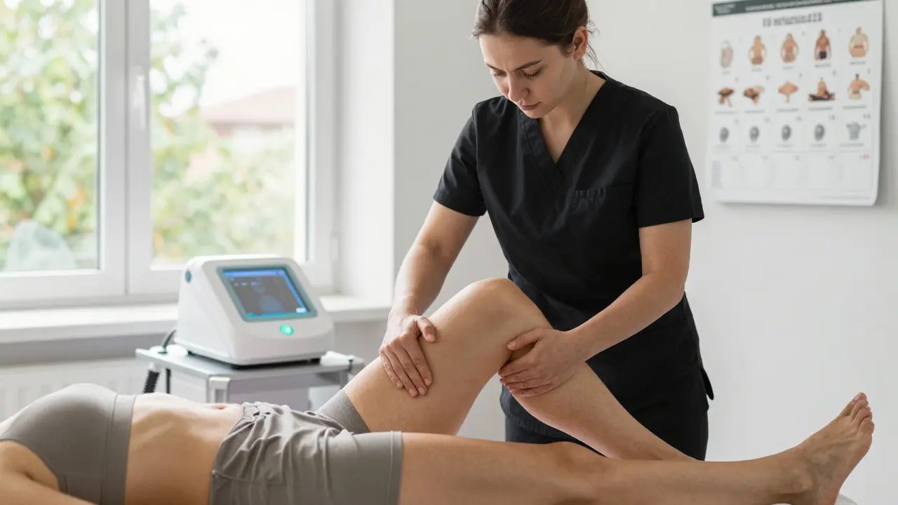 Moderní masérka provádí pravidelnou anticelulitidní masáž na bocích a stehnech s jemným zlepšením struktury kůže.