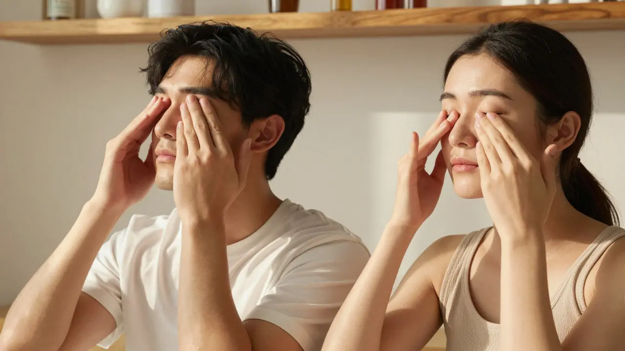 Muž a žena doma provádějí lymfatickou masáž obličeje jemnými pohyby prstů.