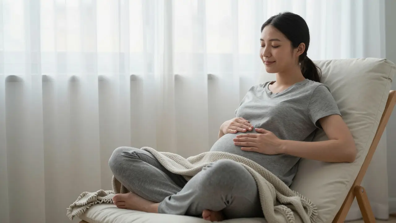 Po porodu žena klidně sedí a drží ruce na břiše s klidným výrazem.