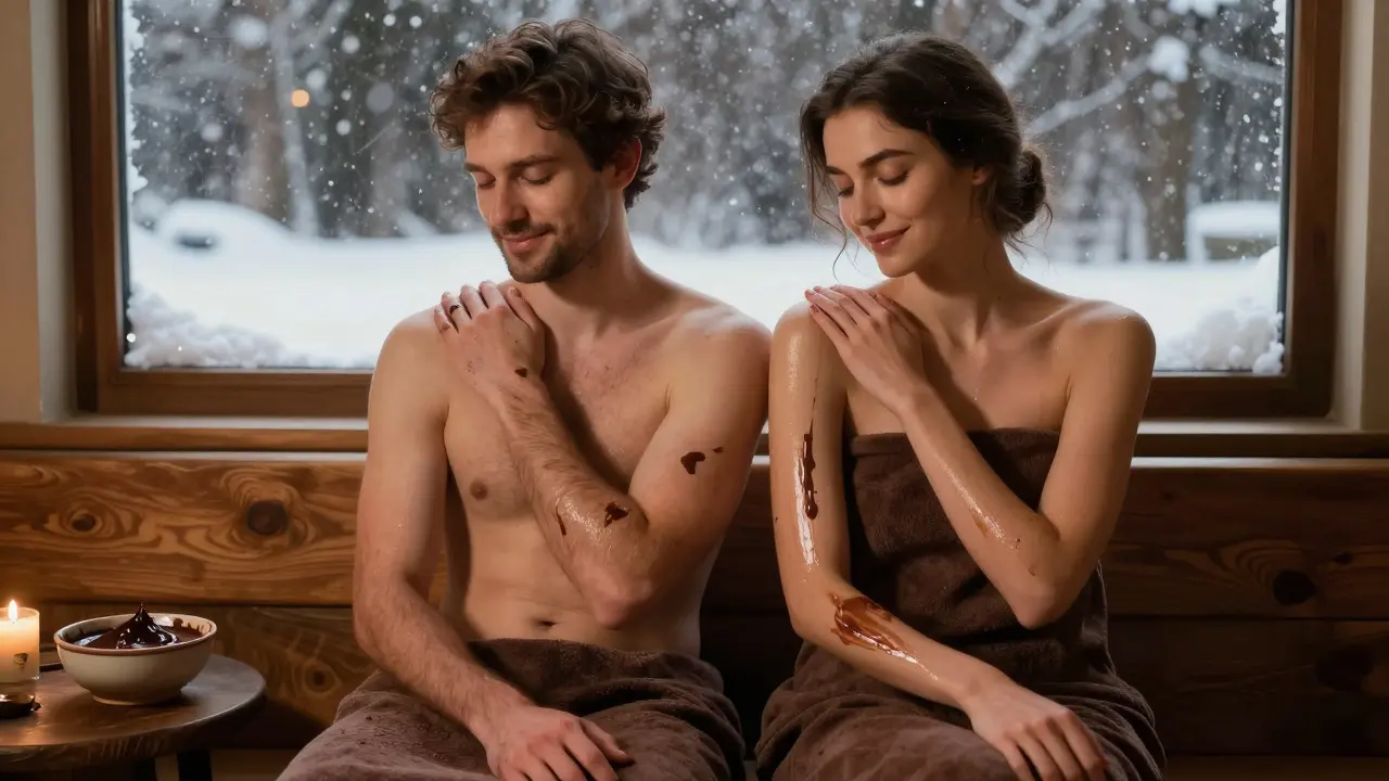 Ruce po čokoládové masáži, kůže je měkká a lesklá, vedle leží kakaové zrnko.