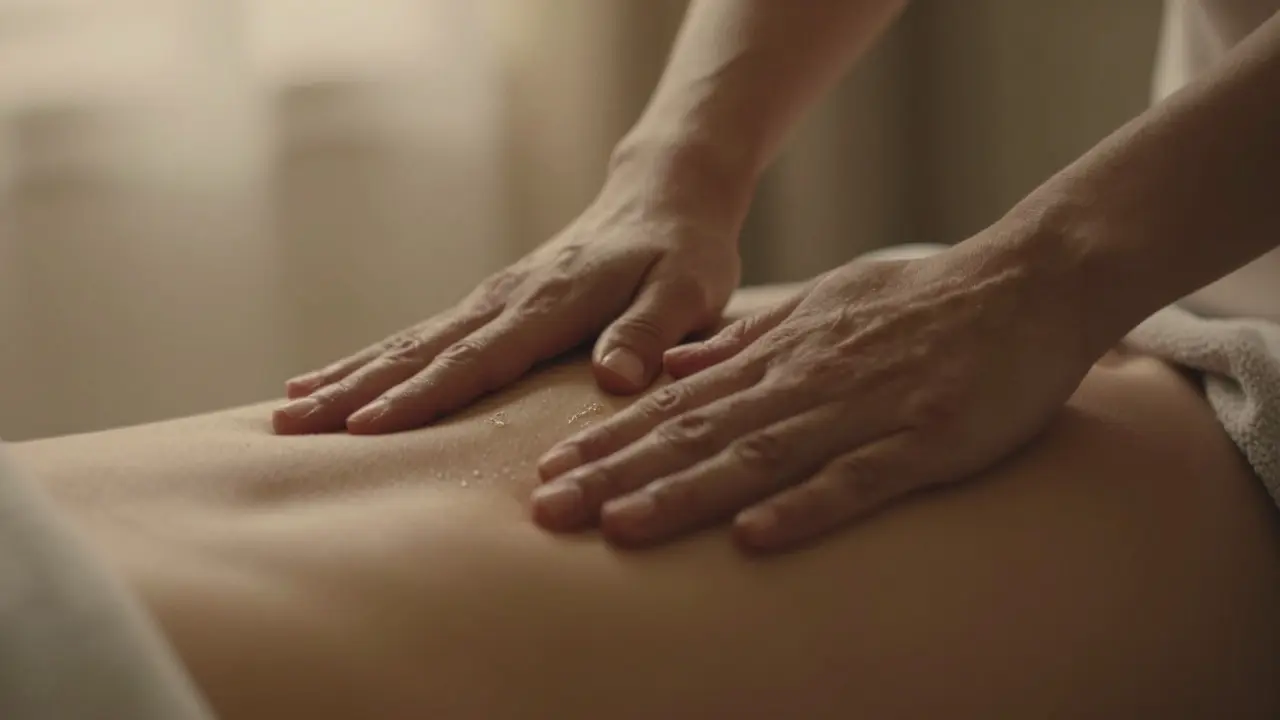 Ruce provádějí jemné kruhové pohyby na břiše těhotné ženy.