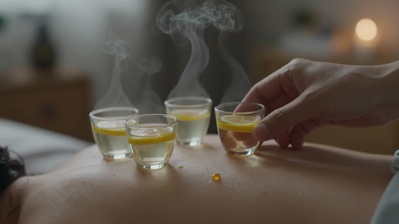 Ruky přiloží tři malé baňky na rameno, vedle nich teplá voda s citrónem a kapka oleje.