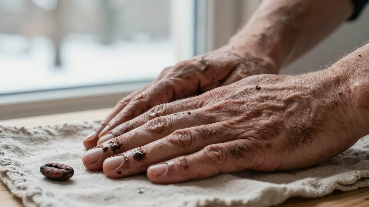 Teplá koupelna v zimě, čokoládový olej na kůži, pára a mírné osvětlení.