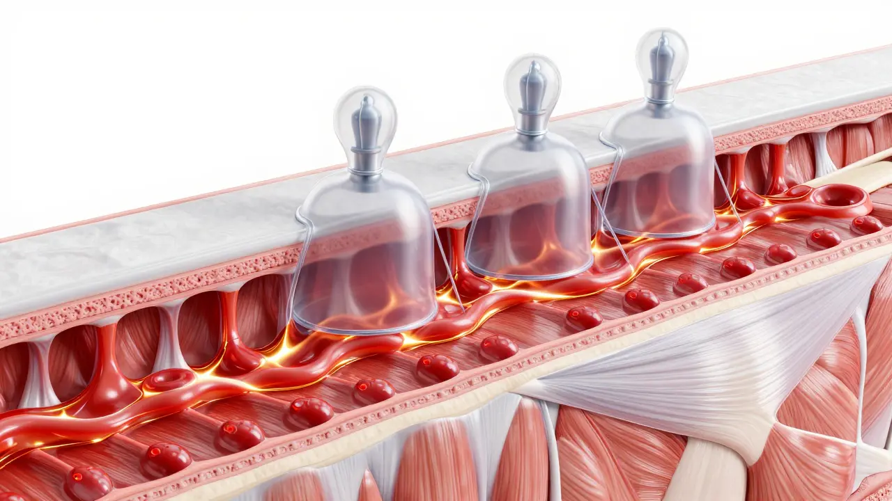 3D vizualizace vakuoterapie uvolňující fascie a zlepšující prokrvení tkání.