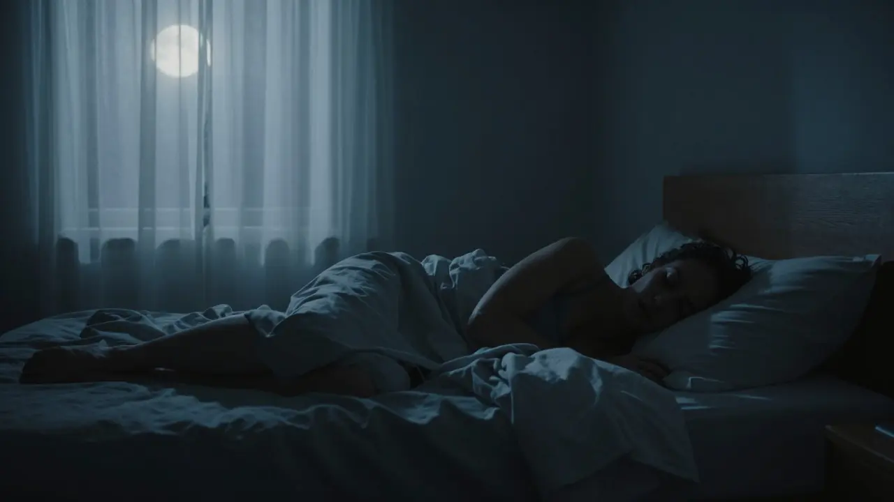 Člověk v hlubokém, regeneračním spánku v klidnétemné místnosti.