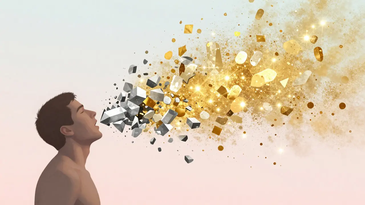 Ilustrace uvolňování stresu a emocionálních bloků přeměňujících se v lehké světlo.