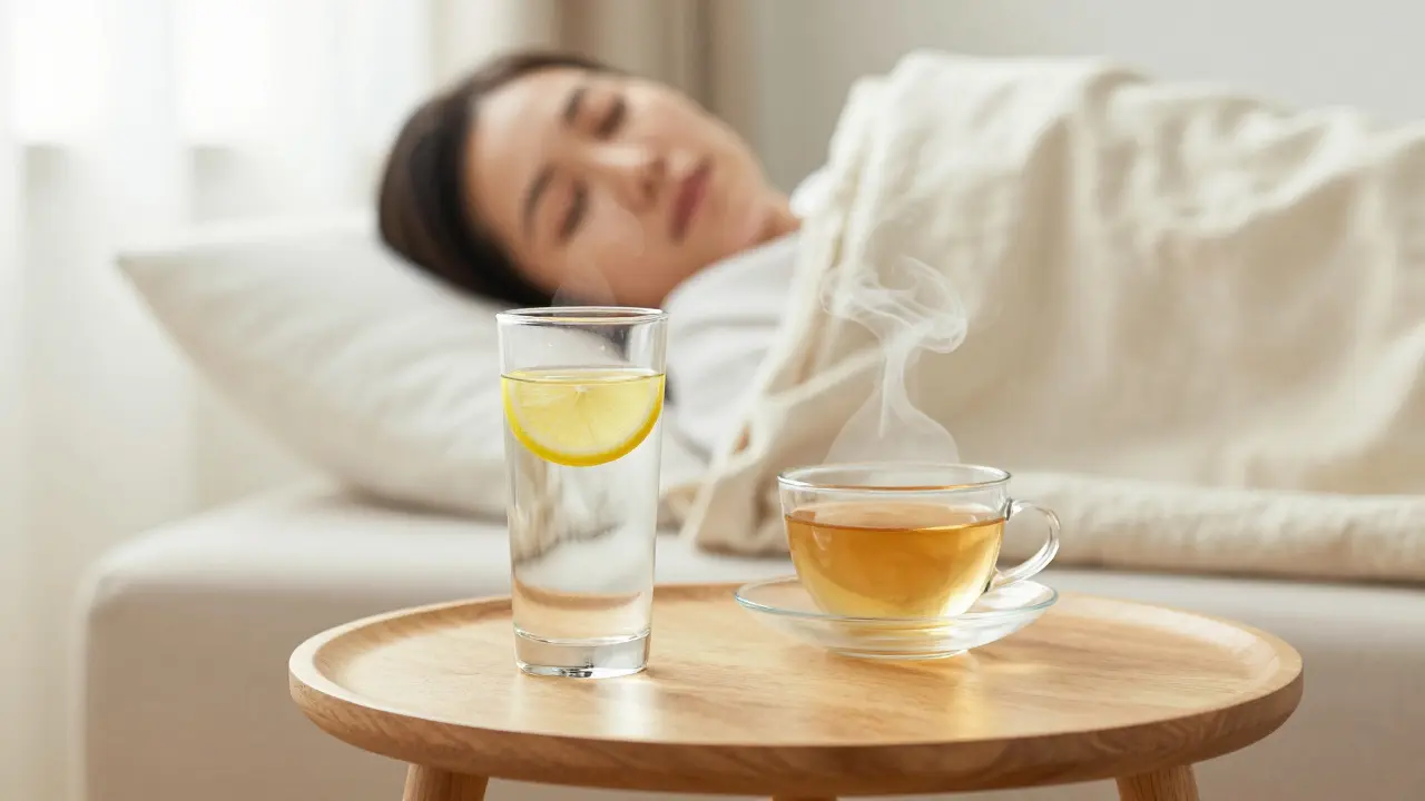 Klidné prostředí s vodou a bylinkovým čajem po regenerační masáži.