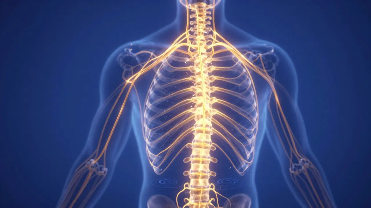 Konceptuální zobrazení nervové soustavy a páteře jako svítící zlaté sítě.