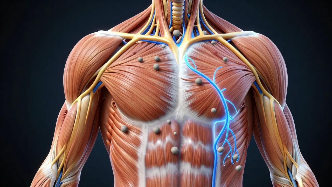 Konceptuální zobrazení proudění krve a lymfy v svalovém tkáni.