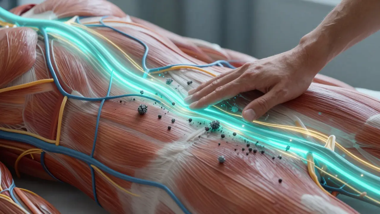 Umělecký pohled na lymfatický systém a odvod toxinů ze svalů během masáže.