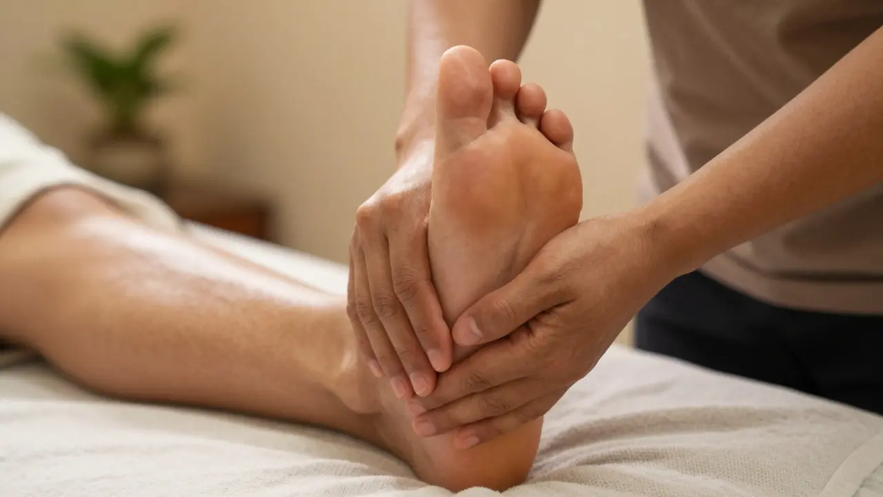 Detail rukou terapeuta aplikujících tlak na chodidlo klienta v ponožkách