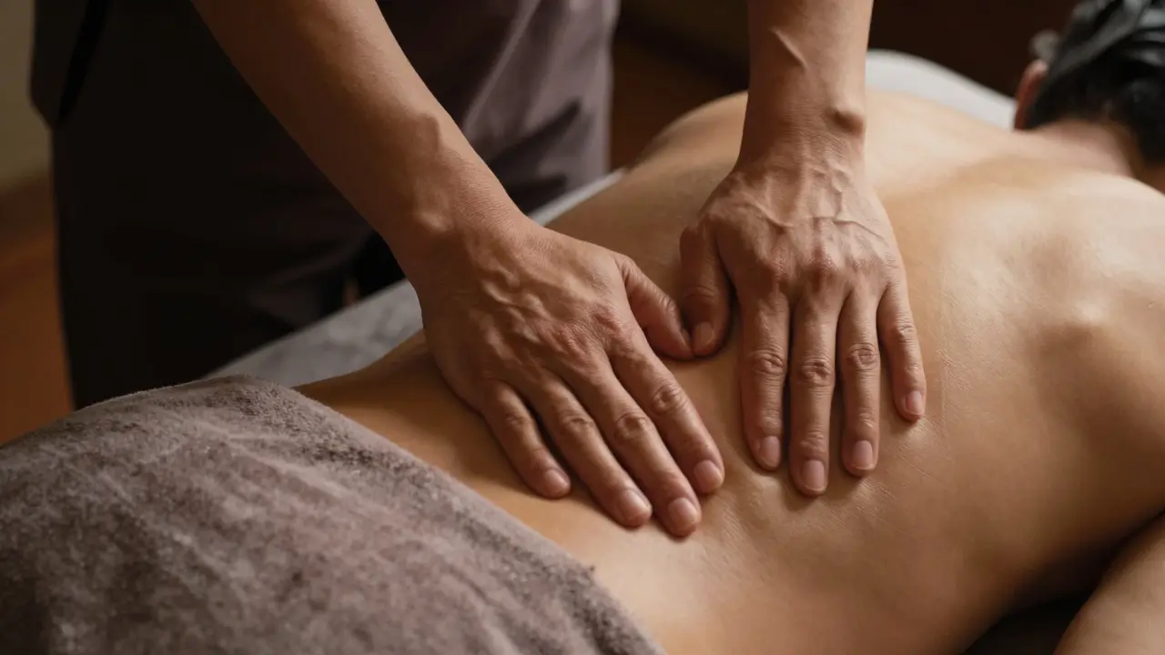 Detail rukou terapeuta provádějících tlakovou techniku přes látku