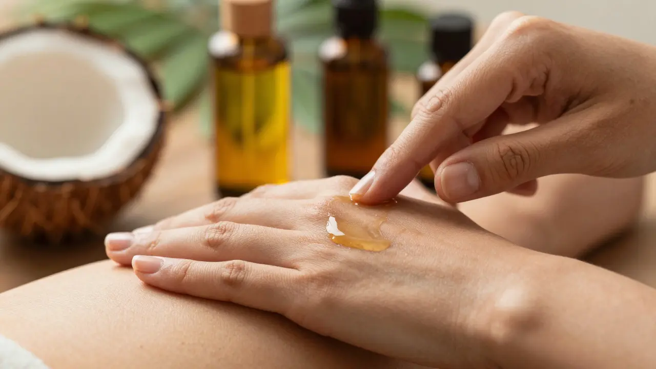 Detailní záběr rukou nanášejících bylinný olej na kůži