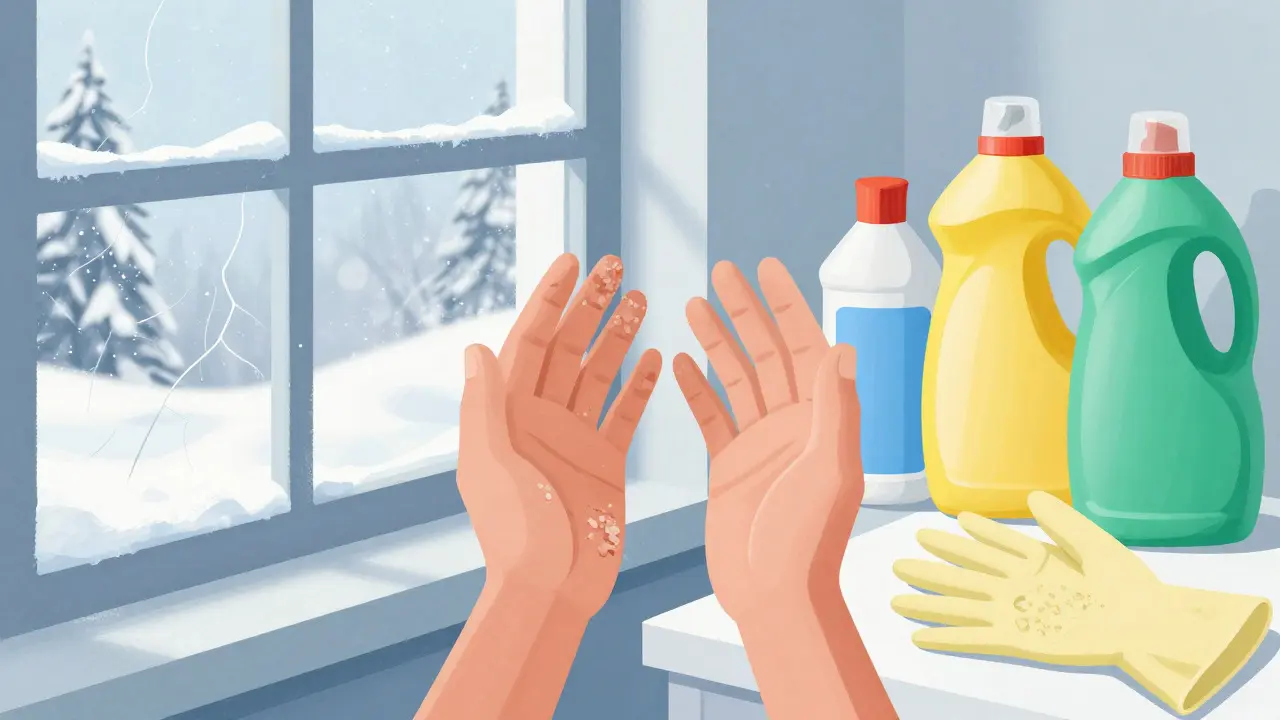 Ilustrace příčin loupání rukou: suchý vzduch a chemie