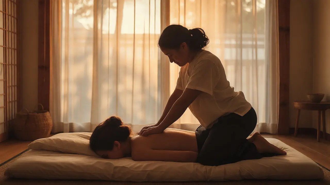 Terapeut provádějící masáž shiatsu na zemi pomocí tlaku palců