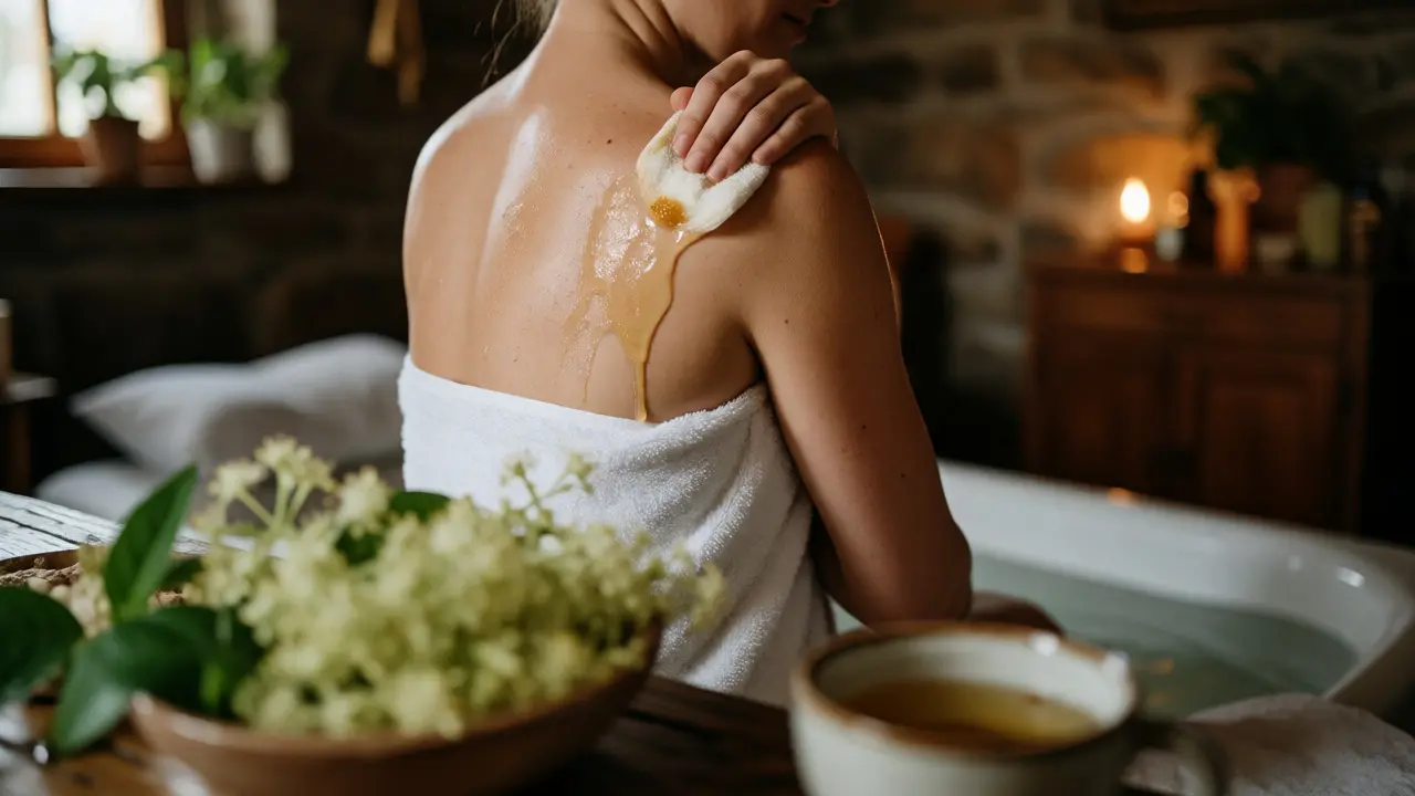 Žena otírá zbytky medu z ramen po masáži v rustikálním prostředí